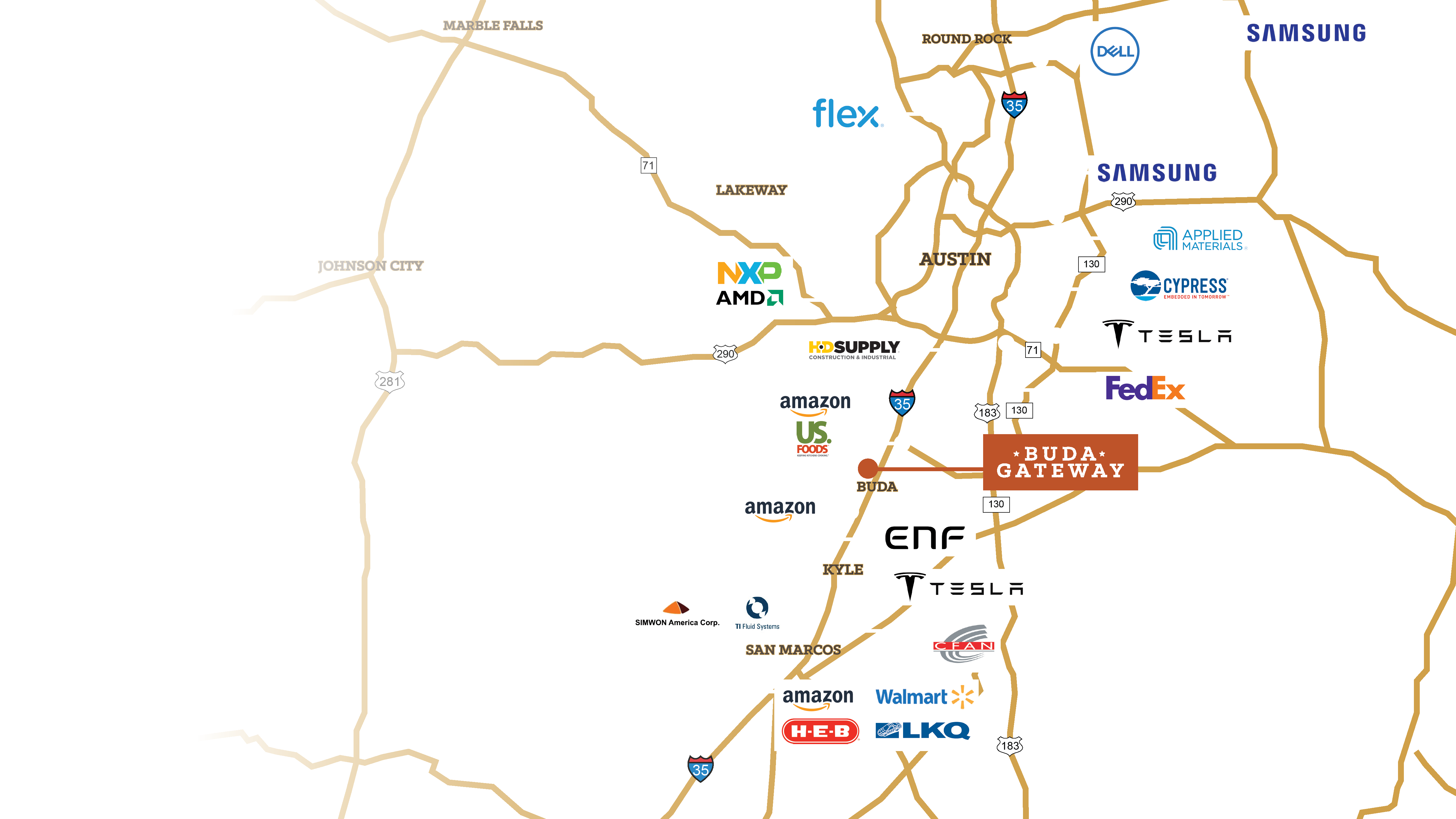 Central Texas map showing major employers around Buda Gateway along the I-35 corridor