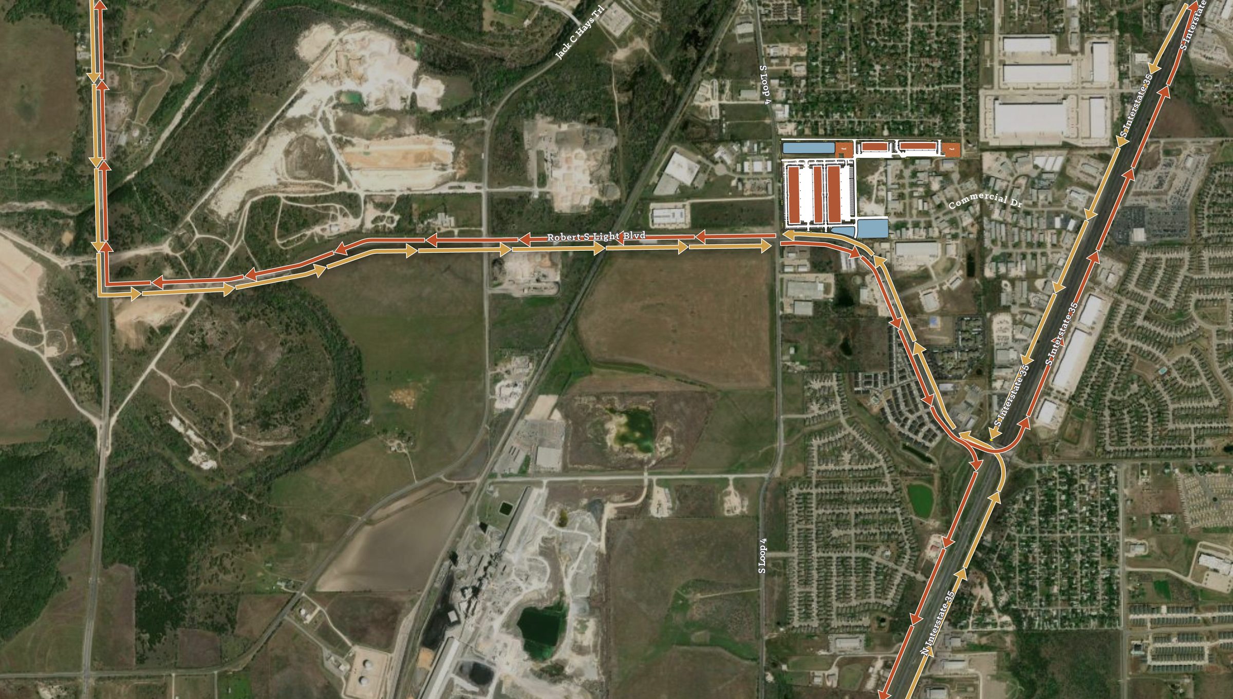 Aerial view of Buda Gateway and the surrounding I-35 corridor